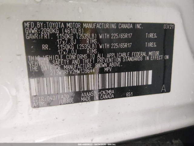 Aukcja sprzedaży 2021 Toyota Rav4 Xle, vin: 2T3W1RFV2MW139644, numer aukcji: 44959022