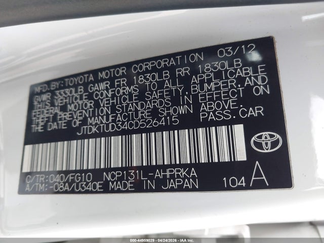 Aukcja sprzedaży 2012 Toyota Yaris Le, vin: JTDKTUD34CD526415, numer aukcji: 44959029