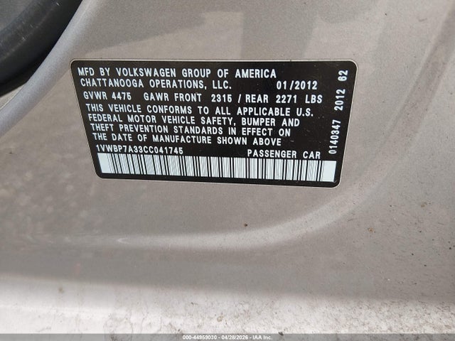 Продаж на аукціоні авто 2012 Volkswagen Passat 2.5l Se, vin: 1VWBP7A33CC041745, номер лоту: 44959030