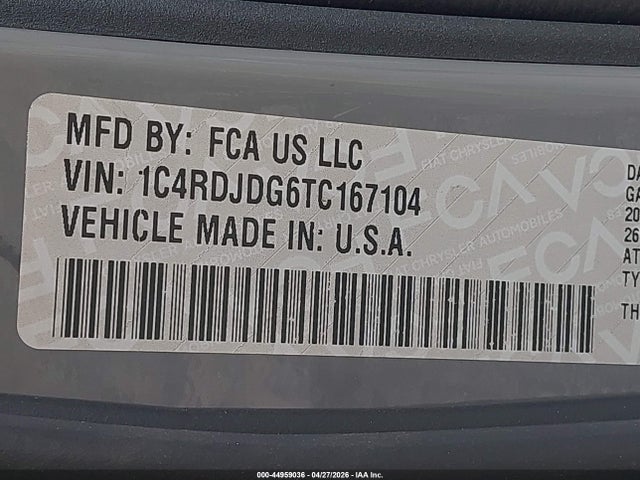 44959036 :رقم المزاد ، 1C4RDJDG6TC167104 vin ، 2026 Dodge Durango Gt مزاد بيع