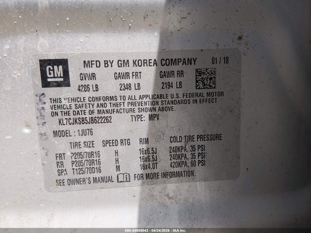 2018 Chevrolet Trax Ls მანქანა იყიდება აუქციონზე, vin: KL7CJKSB5JB622262, აუქციონის ნომერი: 44959042