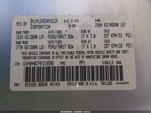 44959046 :رقم المزاد ، 1D4HB48D74F210502 vin ، 2004 Dodge Durango Slt مزاد بيع