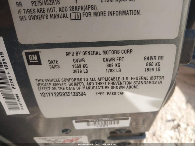 44959049 :رقم المزاد ، 1G1YY22G935128304 vin ، 2003 Chevrolet Corvette مزاد بيع