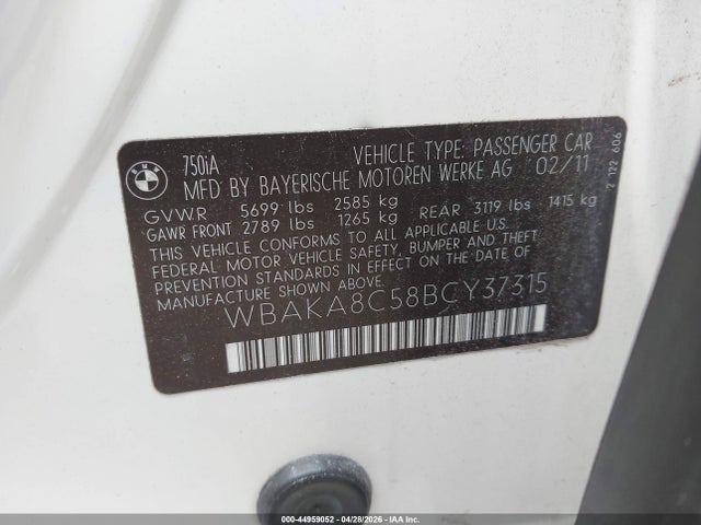 Продажа на аукционе авто 2011 Bmw 750i, vin: WBAKA8C58BCY37315, номер лота: 44959052