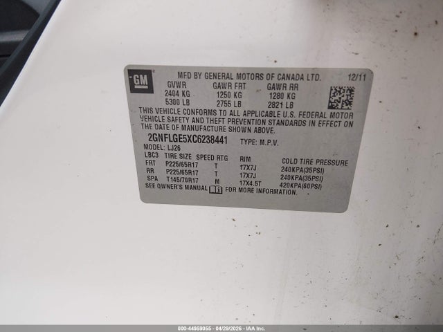 Продаж на аукціоні авто 2012 Chevrolet Equinox Ltz, vin: 2GNFLGE5XC6238441, номер лоту: 44959055