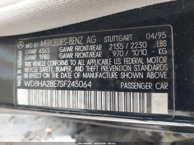 Aukcja sprzedaży 1995 Mercedes-benz C 280, vin: WDBHA28E7SF245064, numer aukcji: 44959057
