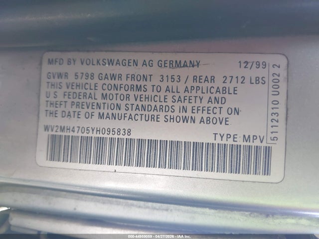 Продажа на аукционе авто 2000 Volkswagen Eurovan Mv, vin: WV2MH4705YH095838, номер лота: 44959059
