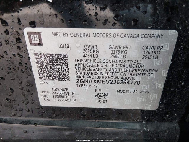 Aukcja sprzedaży 2018 Chevrolet Equinox Premier, vin: 2GNAXMEV2J6264770, numer aukcji: 44959061