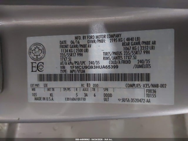 2017 Ford Escape Se მანქანა იყიდება აუქციონზე, vin: 1FMCU9G93HUA65399, აუქციონის ნომერი: 44959062