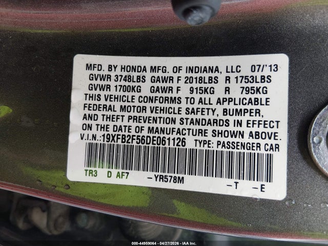44959064 :رقم المزاد ، 19XFB2F56DE061126 vin ، 2013 Honda Civic Lx مزاد بيع
