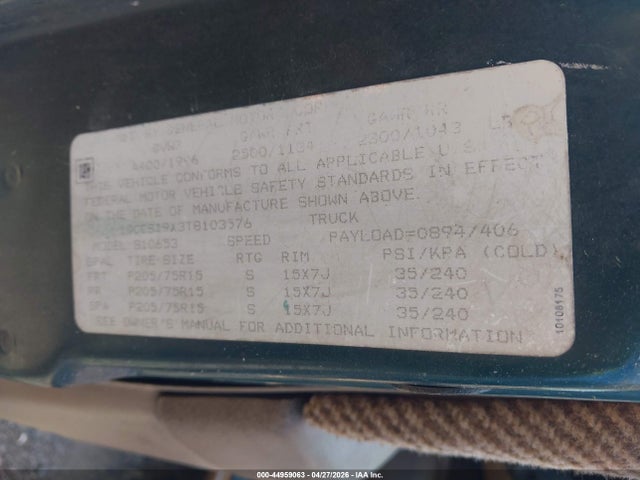 1996 Chevrolet S Truck S10 მანქანა იყიდება აუქციონზე, vin: 1GCCS19X3T8103576, აუქციონის ნომერი: 44959063