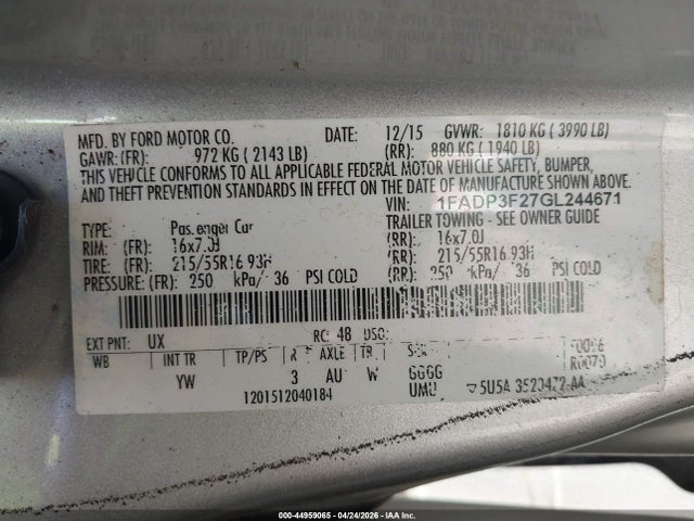 Aukcja sprzedaży 2016 Ford Focus Se, vin: 1FADP3F27GL244671, numer aukcji: 44959065