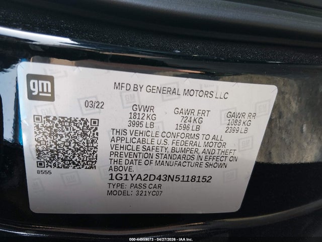 Aukcja sprzedaży 2022 Chevrolet Corvette Stingray Rwd  1lt, vin: 1G1YA2D43N5118152, numer aukcji: 44959073