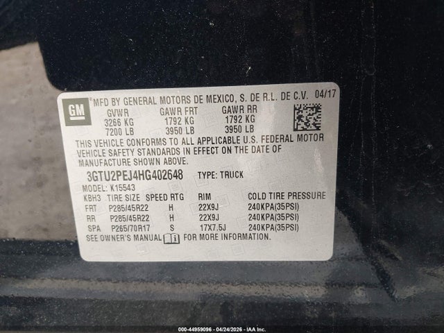 2017 Gmc Sierra 1500 Denali მანქანა იყიდება აუქციონზე, vin: 3GTU2PEJ4HG402648, აუქციონის ნომერი: 44959096