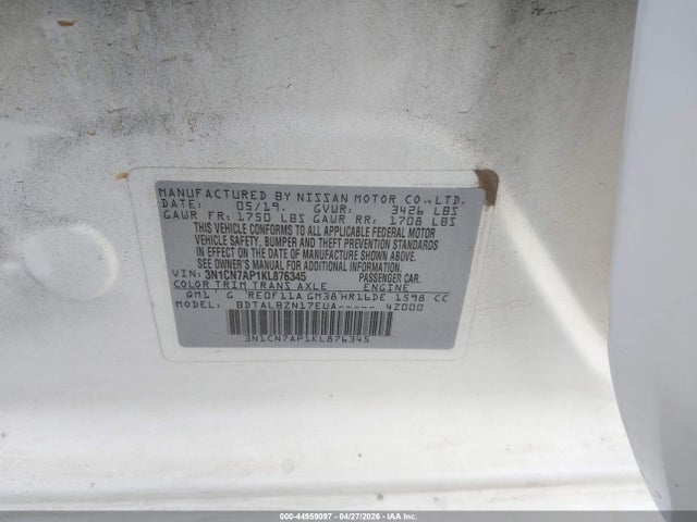 2019 Nissan Versa 1.6 Sv მანქანა იყიდება აუქციონზე, vin: 3N1CN7AP1KL876345, აუქციონის ნომერი: 44959097