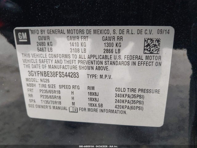 2015 Cadillac Srx Luxury Collection მანქანა იყიდება აუქციონზე, vin: 3GYFNBE38FS544283, აუქციონის ნომერი: 44959104