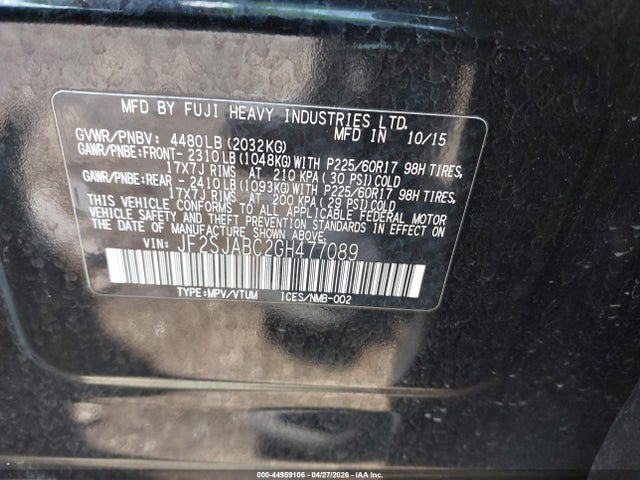Продаж на аукціоні авто 2016 Subaru Forester 2.5i, vin: JF2SJABC2GH477089, номер лоту: 44959106