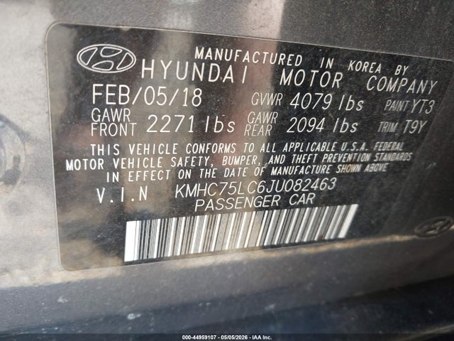 44959107 :رقم المزاد ، KMHC75LC6JU082463 vin ، 2018 Hyundai Ioniq Hybrid Sel مزاد بيع