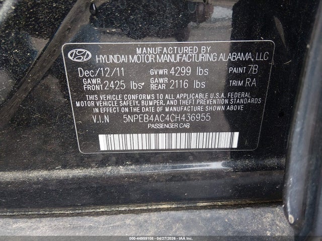 Aukcja sprzedaży 2012 Hyundai Sonata Gls, vin: 5NPEB4AC4CH436955, numer aukcji: 44959108