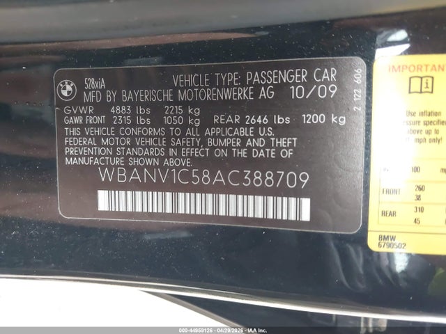 Aukcja sprzedaży 2010 Bmw 528i Xdrive, vin: WBANV1C58AC388709, numer aukcji: 44959126