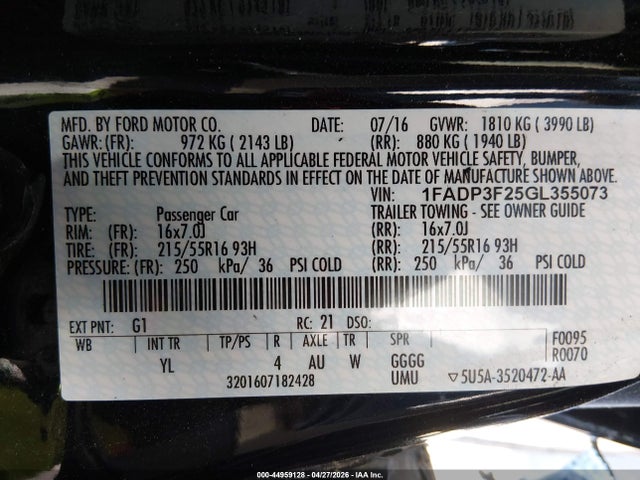 44959128 :رقم المزاد ، 1FADP3F25GL355073 vin ، 2016 Ford Focus Se مزاد بيع