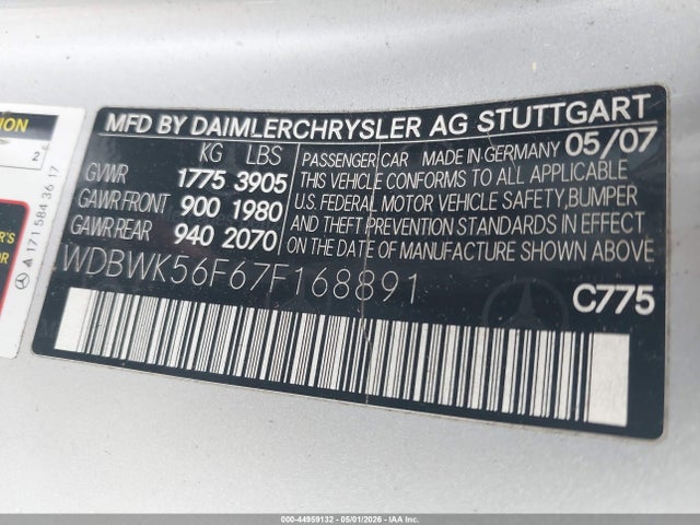 44959132 :رقم المزاد ، WDBWK56F67F168891 vin ، 2007 Mercedes-benz Slk 350 مزاد بيع