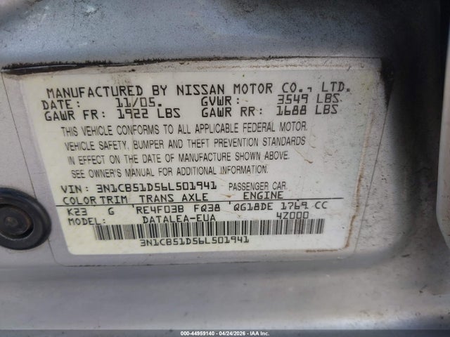 Aukcja sprzedaży 2006 Nissan Sentra 1.8s, vin: 3N1CB51D56L501941, numer aukcji: 44959140