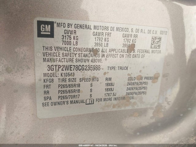 Aukcja sprzedaży 2012 Gmc Sierra 1500 Slt, vin: 3GTP2WE78CG235988, numer aukcji: 44959141