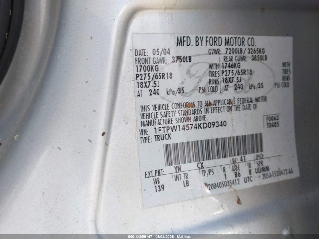 Продаж на аукціоні авто 2004 Ford F-150 Fx4/lariat/xlt, vin: 1FTPW14574KD09340, номер лоту: 44959147