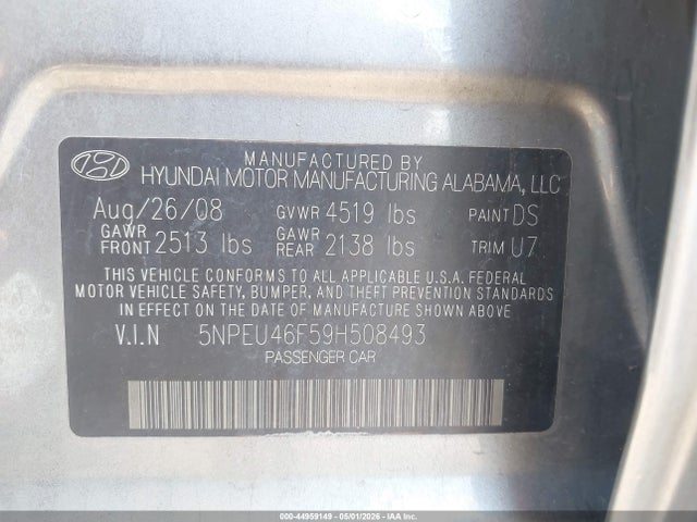 2009 Hyundai Sonata Se V6 მანქანა იყიდება აუქციონზე, vin: 5NPEU46F59H508493, აუქციონის ნომერი: 44959149
