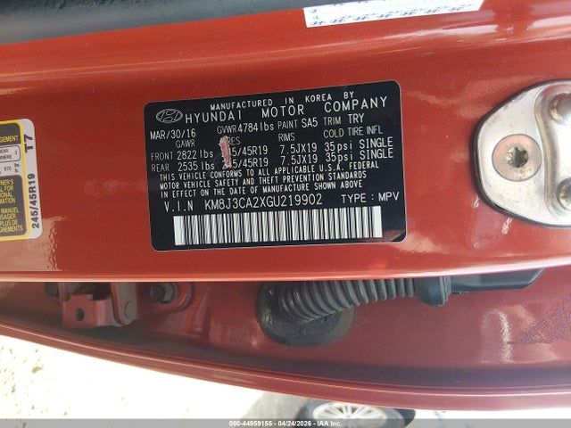 44959155 :رقم المزاد ، KM8J3CA2XGU219902 vin ، 2016 Hyundai Tucson Sport مزاد بيع