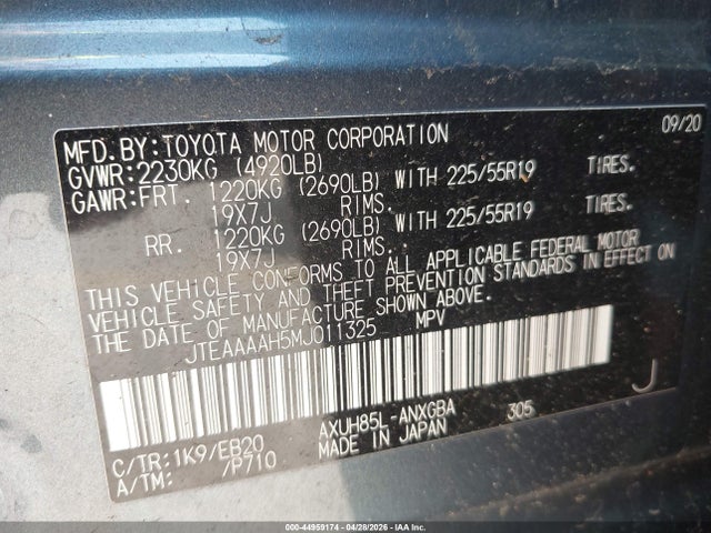 Aukcja sprzedaży 2021 Toyota Venza Xle, vin: JTEAAAAH5MJ011325, numer aukcji: 44959174
