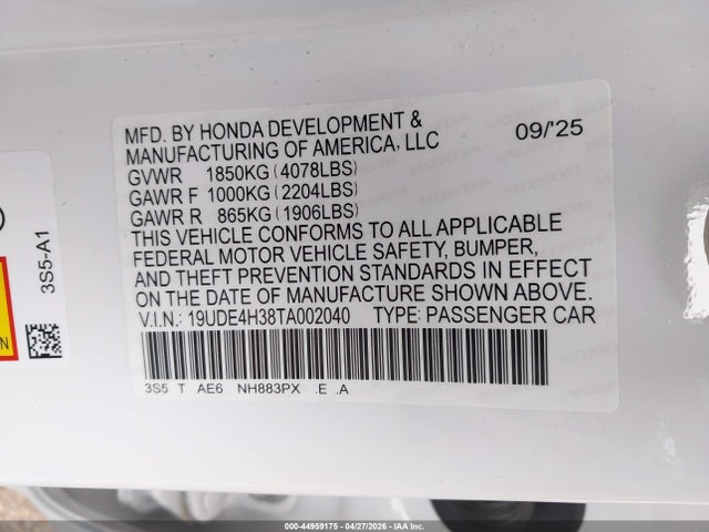 Продажа на аукционе авто 2026 Acura Integra Fwd A-spec, vin: 19UDE4H38TA002040, номер лота: 44959175