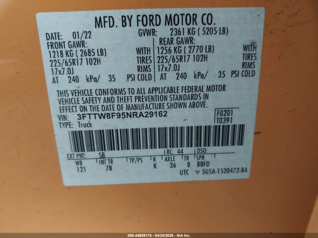 Продаж на аукціоні авто 2022 Ford Maverick Xlt, vin: 3FTTW8F95NRA29162, номер лоту: 44959176