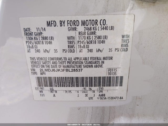 Aukcja sprzedaży 2015 Lincoln Mkx, vin: 2LMDJ6JK3FBL28537, numer aukcji: 44959179