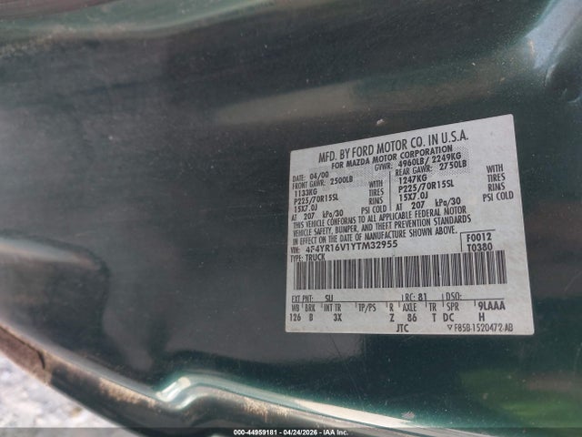 Продажа на аукционе авто 2000 Mazda B3000 Se/tl, vin: 4F4YR16V1YTM32955, номер лота: 44959181