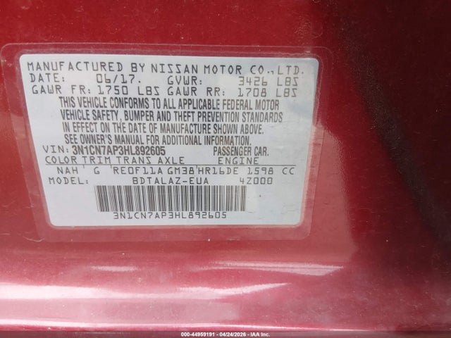 Продажа на аукционе авто 2017 Nissan Versa 1.6 S+, vin: 3N1CN7AP3HL892605, номер лота: 44959191