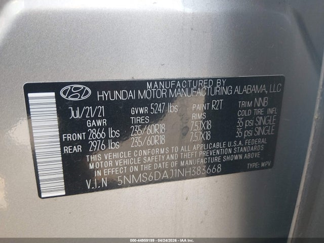 Aukcja sprzedaży 2022 Hyundai Santa Fe Sel, vin: 5NMS6DAJ1NH383668, numer aukcji: 44959199