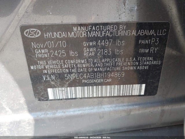 Aukcja sprzedaży 2011 Hyundai Sonata Limited 2.0t, vin: 5NPEC4AB1BH194869, numer aukcji: 44959235
