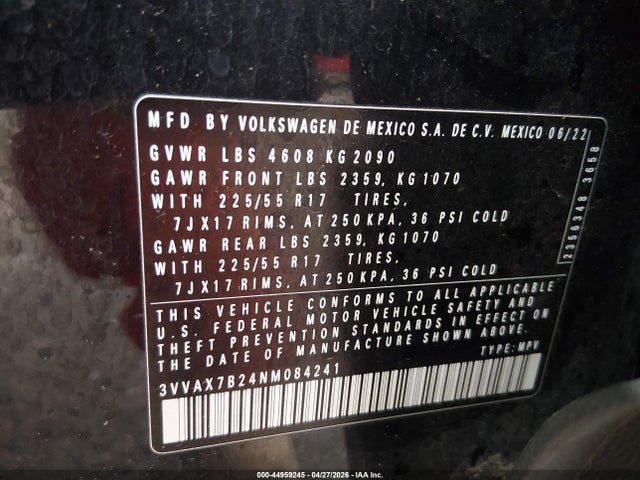 2022 Volkswagen Taos 1.5t S მანქანა იყიდება აუქციონზე, vin: 3VVAX7B24NM084241, აუქციონის ნომერი: 44959245