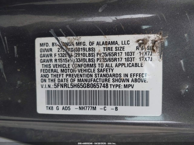Aukcja sprzedaży 2016 Honda Odyssey Ex-l, vin: 5FNRL5H65GB065748, numer aukcji: 44959246