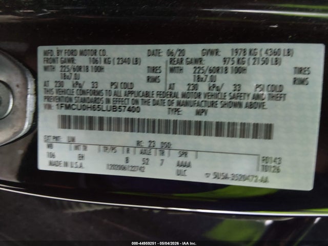 44959251 :رقم المزاد ، 1FMCU0H65LUB57400 vin ، 2020 Ford Escape Sel مزاد بيع