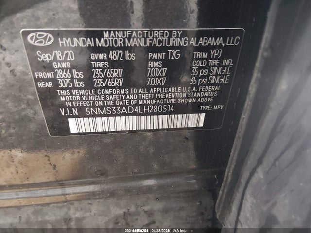 Продажа на аукционе авто 2020 Hyundai Santa Fe Sel, vin: 5NMS33AD4LH280514, номер лота: 44959254