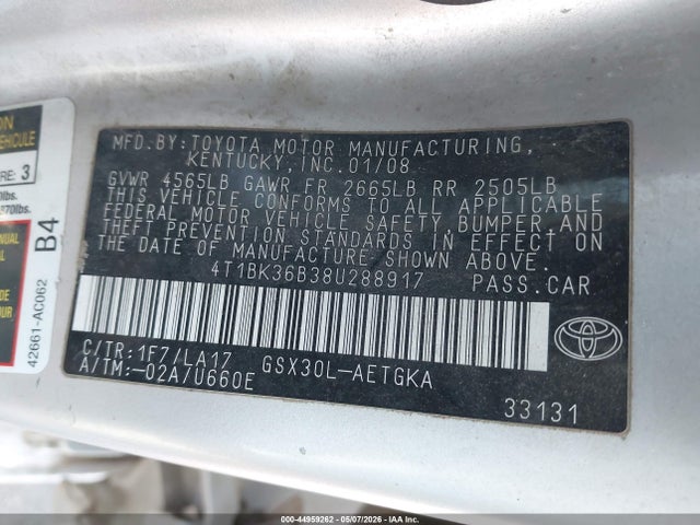 44959262 :رقم المزاد ، 4T1BK36B38U288917 vin ، 2008 Toyota Avalon Xls مزاد بيع