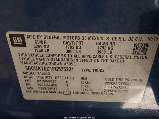 Aukcja sprzedaży 2015 Chevrolet Silverado 1500 High Country, vin: 3GCUKTEC1FG535231, numer aukcji: 44959282