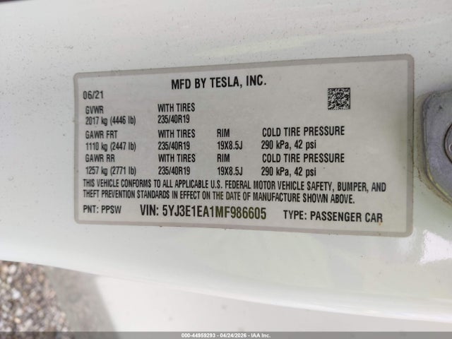 5YJ3E1EA1MF986605 Tesla Model 3 Standard Range Plus Rear-wheel Drive