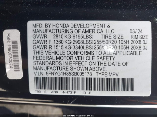 44959295 :رقم المزاد ، 5FNYG1H85SB005178 vin ، 2025 Honda Pilot Elite مزاد بيع