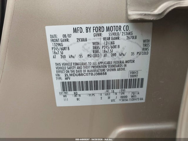 Aukcja sprzedaży 2007 Lincoln Mkx, vin: 2LMDU88C07BJ38858, numer aukcji: 44959297