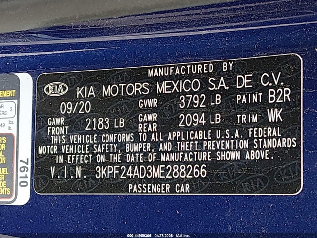 Aukcja sprzedaży 2021 Kia Forte Lxs, vin: 3KPF24AD3ME288266, numer aukcji: 44959306