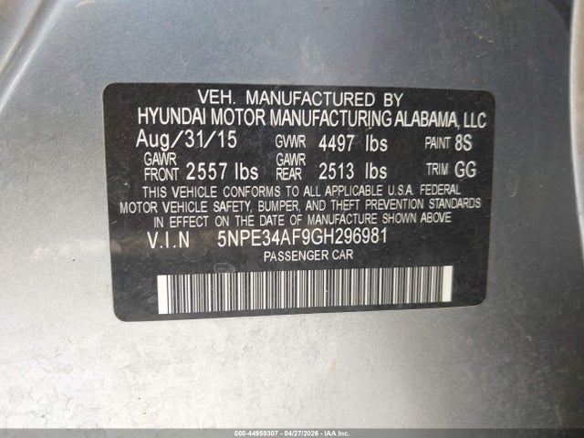 44959307 :رقم المزاد ، 5NPE34AF9GH296981 vin ، 2016 Hyundai Sonata Limited مزاد بيع